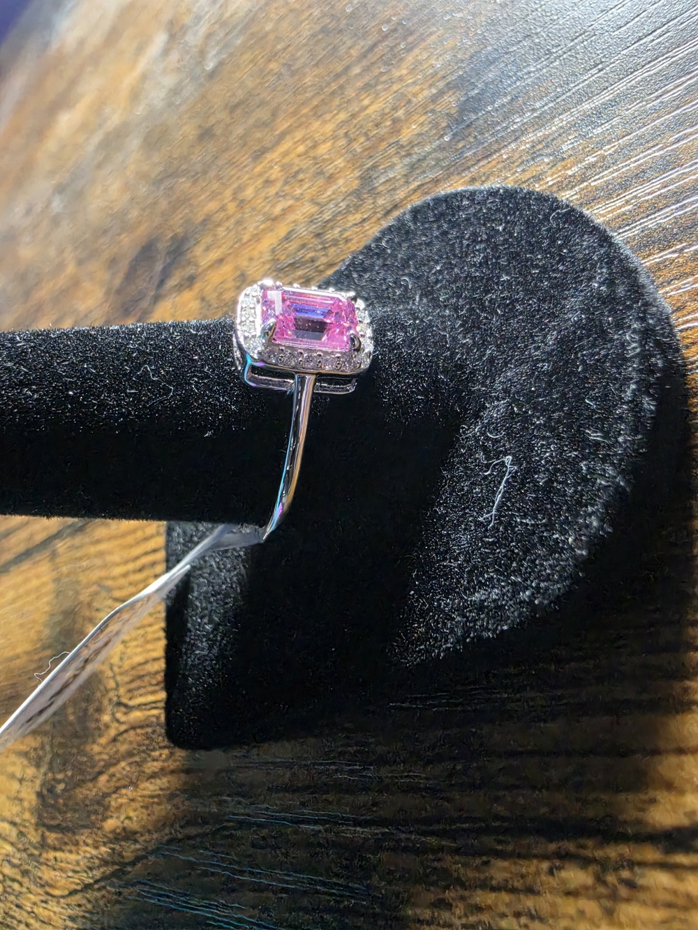 GRA Baguette Cut Pink Moissanite Halo 925 Silver Ring - Picture 4 of 6